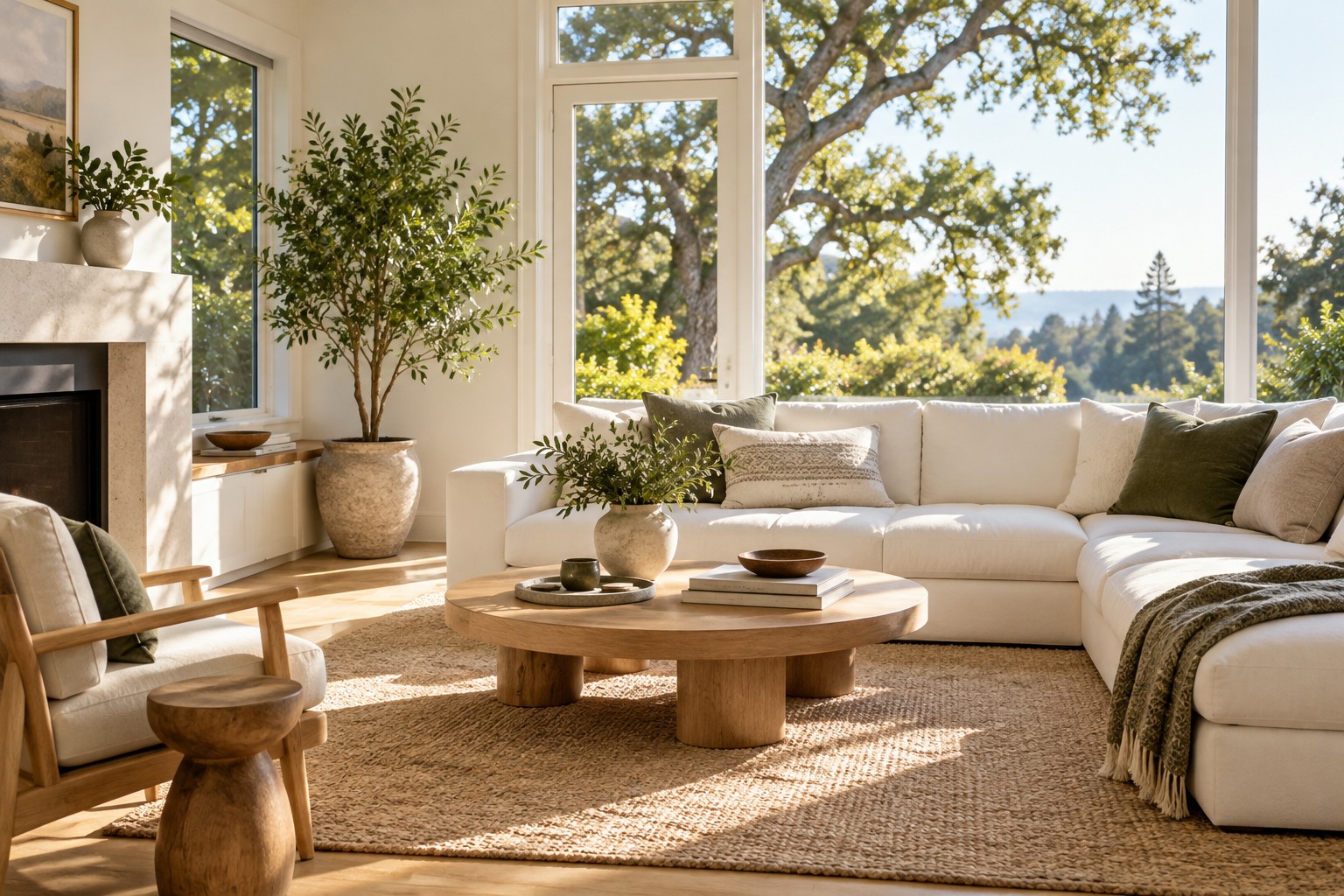 A sunlit California living room with an inviting linen sofa and warm wood finishes